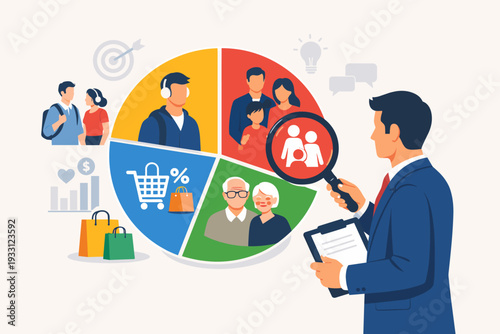 Customer segment analysis for marketing and advertising, target audience consumer research, businessman with magnifying glass looking at pie chart with diverse people, demographic data concept.