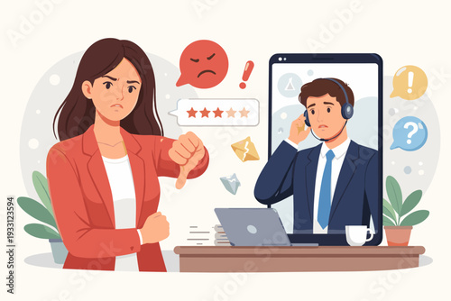 Angry Businesswoman Giving Thumbs Down for Bad Customer Service and Negative Online Review. Stressed Support Agent on Screen with Low Rating Stars and Angry Icons. Business Mistake Concept.