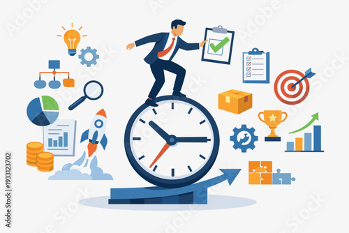 Project Management Process and Time Optimization Concept with Businessman Standing on Clock Surrounded by Business Growth, Strategy, Planning, and Productivity Icons for Corporate Success