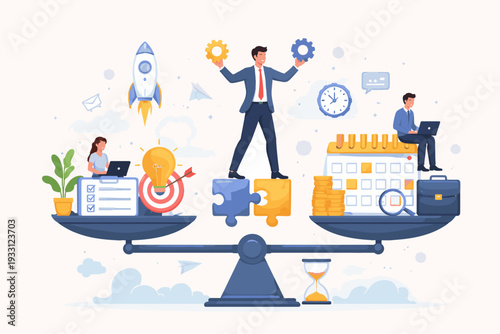 Business project management process concept with professional balancing workflow elements on scales. Illustration of strategic planning, teamwork, productivity, time management, and startup growth.