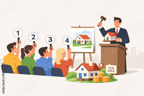 Real Estate Auction Concept with Auctioneer Holding Gavel and Group of People Raising Numbered Bidding Paddles to Buy a House. Vector Illustration of Property Sale, Investment, and Home Market.