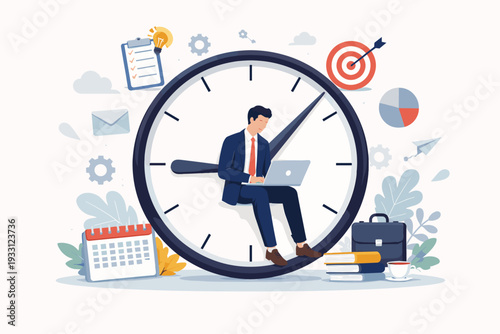 Time Management Concept Illustration of a Professional Businessman Working on a Laptop While Sitting Inside a Large Clock Face Surrounded by Productivity Icons Like Calendar Target and Checklist
