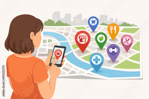 Woman Using Mobile Phone App to Search for Nearby Stores and Services on a City Map with Location Pins for Shopping, Restaurants, Healthcare, and Gyms. Local Business Search Vector Illustration.