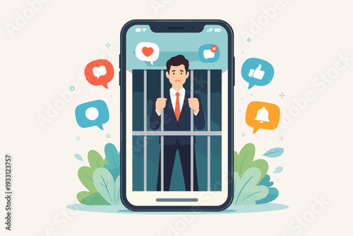 Social Media Addiction Concept Illustration with a Sad Businessman Trapped Behind Jail Bars Inside a Smartphone Screen Surrounded by Notification Icons Like Hearts, Likes, and Comments Vector Art