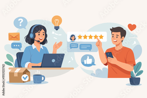 Customer support representative with headset and laptop helping a client who gives a five-star rating on his phone. Concept of user experience, feedback, satisfaction, and online assistance.
