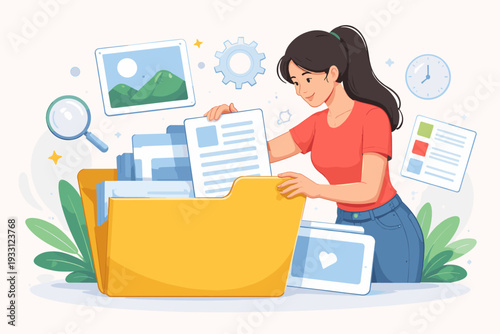 Young woman organizing digital files and documents in a large yellow folder, searching for media content, easy tidying up and data management concept, vector illustration of office productivity.