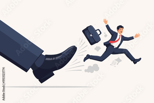 Vector Illustration of a Business Concept Showing a Small Businessman Being Kicked Out by a Giant Foot Representing a Boss or Corporate Layoff, Symbolizing Job Loss, Dismissal, and Unemployment.