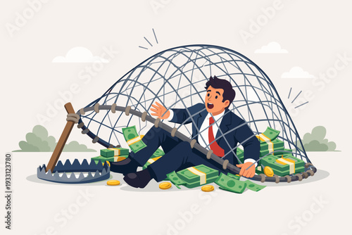 Businessman Trapped in a Net with Money Stacks and Coins, Concept of Financial Risk, Greed, and Business Failure, Man Caught in a Snare with Wealth, Investment Scam and Debt Trap Vector Art