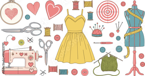 Hand Drawn Sewing and Fashion Design Vector Set Featuring Sewing Machine, Dress, Mannequin, Knitting, and Tailoring Tools in Cute Pastel Style