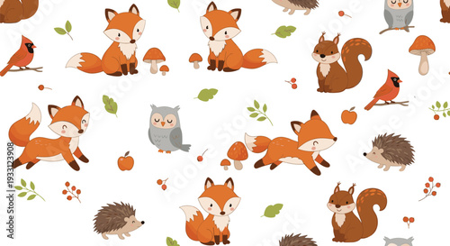 Cute woodland animals seamless pattern with fox squirrel owl and forest nature elements