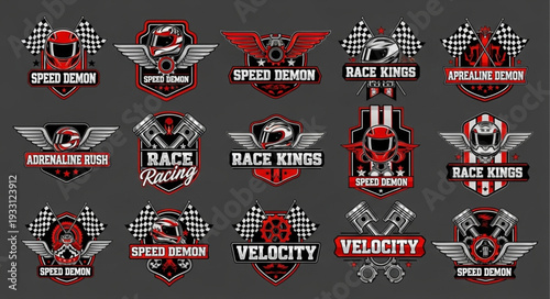 Collection of racing emblems with wings, checkered flags, and helmets for speed and velocity.