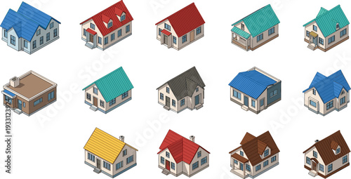 Isometric House Vector Set Featuring Various Residential Building Designs, Suburban Homes, and Modern Cottages Isolated on White Background