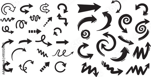 Collection of hand drawn arrows and swirling shapes