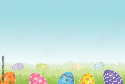 An egg hunt in the yard. A beautiful garden with lots and a composition with a nest of Easter eggs and a chocolate bunny. Easter eggs. An Easter card. A postcard with space for text.