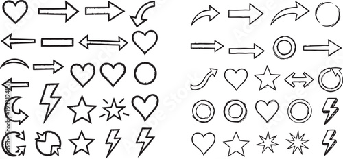 Collection of hand drawn arrows hearts stars and symbols