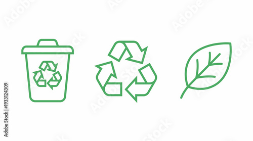 Green recycling bin, recycle symbol, and leaf icons representing environmental sustainability and eco-friendly practices