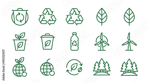 Green ecology and environment line icons set. Sustainable lifestyle, recycling, renewable energy, nature conservation, and eco-friendly symbols.