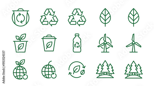 Green environment and recycling line icons set. Eco-friendly symbols for sustainability, nature, renewable energy, and conservation concepts.