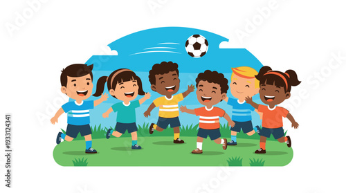 Diverse group of children playing soccer together on a green field.