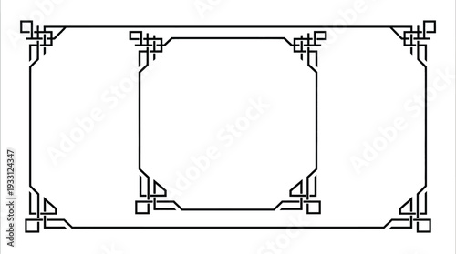 Elegant geometric ornamental border frames with art deco inspired corners, isolated on white background, vector illustration