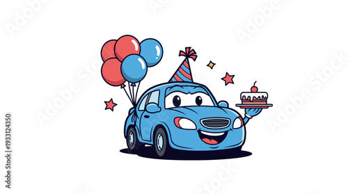 A cartoon blue car celebrating a birthday with balloons and a cake.