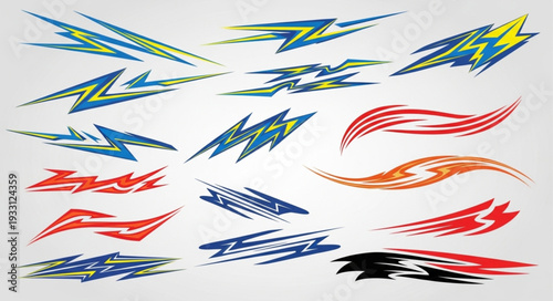 Dynamic racing car decals and vehicle graphics with abstract shapes and lines.