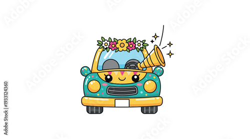 Happy cartoon car with flowers and megaphone driving.