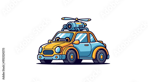 Vibrant cartoon car with luggage and helicopter on roof ready for adventure.