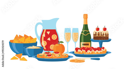 Celebratory food and drink arrangement with champagne and desserts.
