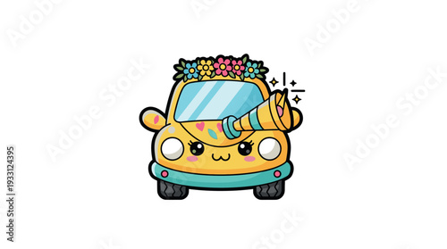 Happy cartoon car with colorful flowers waving hand.