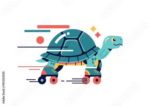 A cartoon turtle wearing roller skates and moving fast.