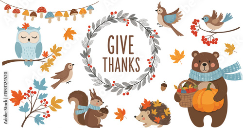 Thanksgiving autumn elements collection with woodland animals leaves wreath and harvest illustration
