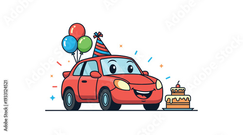 Red car celebrating birthday with balloons and cake.