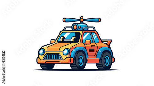 Vibrant cartoon car with surfboard on roof rack.