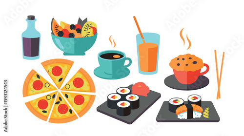 Assorted international food and beverages including pizza sushi and drinks.