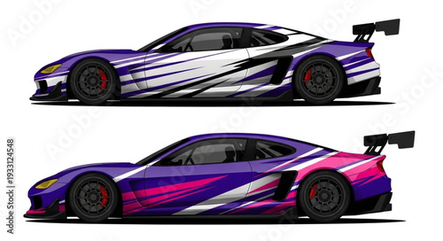 Two stunning custom sports cars with vibrant paint schemes and aerodynamic enhancements.