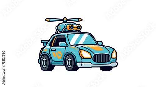 Illustration of a blue car with a helicopter on top.