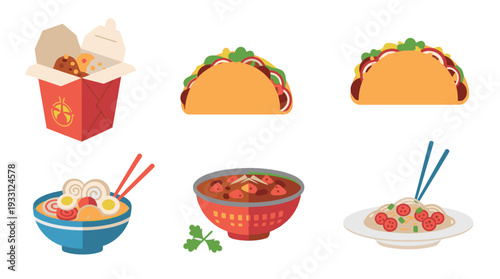 Assorted International Cuisine Icons Featuring Tacos and Asian Dishes.