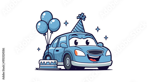 Cartoon blue car celebrating with balloons and party hat.