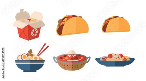 Assorted international cuisine dishes including tacos and Asian meals.