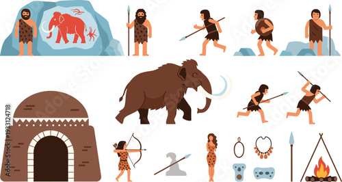 Prehistoric Caveman and Woolly Mammoth Vector Set Featuring Stone Age Characters, Primitive Tools, Hunting Scene, and Cave Paintings