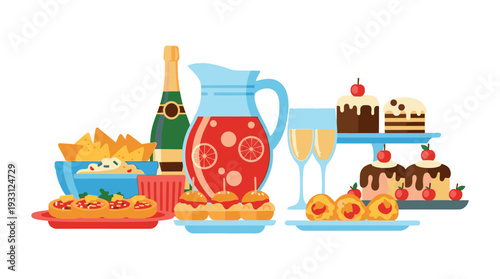 Celebratory food and drink arrangement with champagne and desserts.