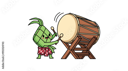 Cartoon green grasshopper playing a large drum with drumsticks.