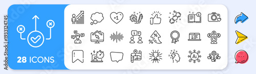 Teamwork, Timer and Correct way line icons. Interest rate, AI generate, Inflation icons. Pack of Chat message, Talk bubble, Trophy icon. Photo camera, Work home, Sound wave pictogram. Vector