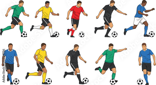 Professional Soccer Players Vector Set Featuring Athletes in Different Actions like Dribbling, Running, and Kicking the Football