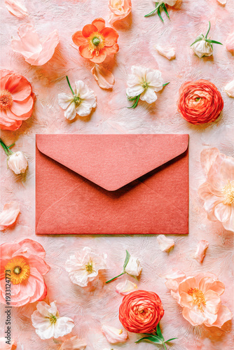A pink envelope lies on a textured surface surrounded by delicate peach and white flowers and petals in a soft, romantic arrangement.