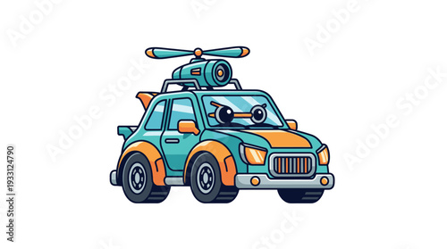 Cartoon car with helicopter on the roof rack.