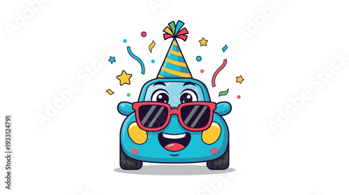 Cartoon car wearing sunglasses and a party hat, celebrating with confetti and stars.