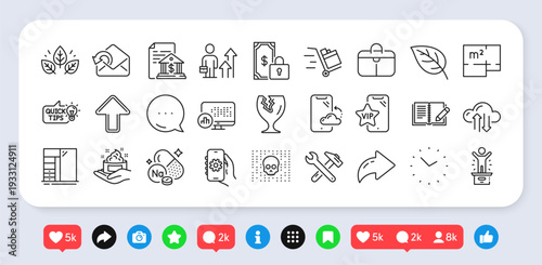 Sodium mineral, Time and Upload line icons pack. Social media: share, comment, like icons. Business results, Vip phone, Cloud sync web icon. Fragile package, Handbag, Organic tested pictogram. Vector