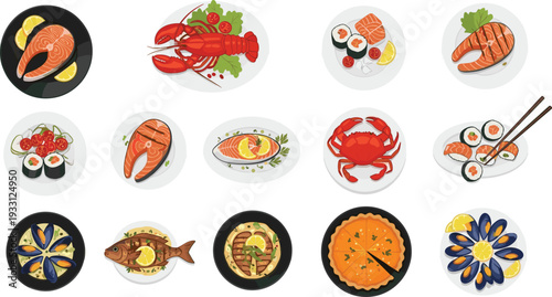 Seafood Platter Vector Set Featuring Grilled Salmon Steaks, Whole Lobster, Crab, Mussels, and Sushi Rolls on Plates for Restaurant Menu Design